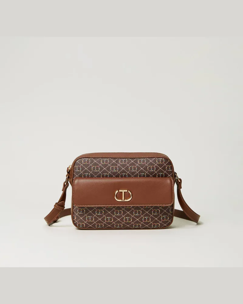 Twin-Set Taschen - Umhängetasche mit „Floral T"-Print, Oval T Flowers Schwarzbraun, Einheitsgröße 