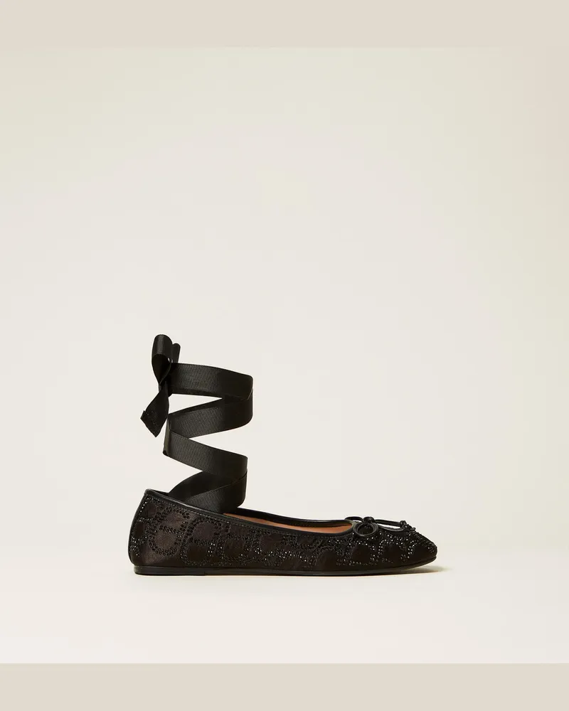 Twin-Set Schuhe - Ballerina mit „Oval T"-Stickerei aus Strass, Schwarz, Größe Schwarz