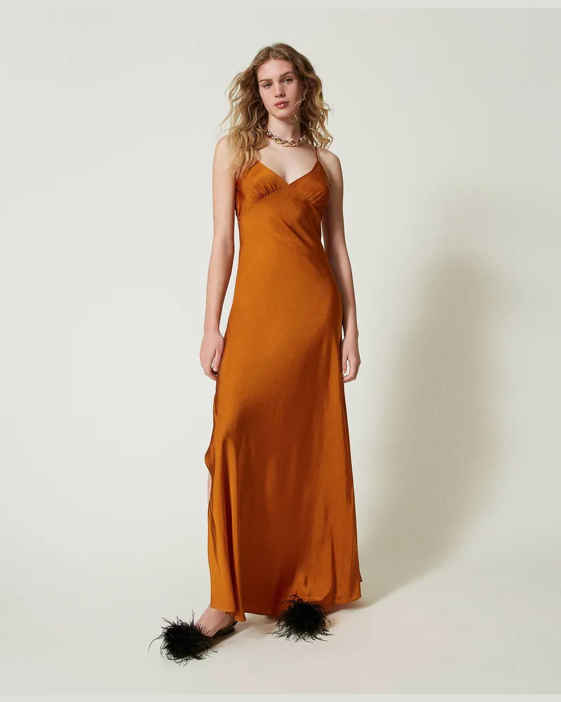 Twin-Set Kleider - Maxikleid aus Satin mit schmalen Trägern, „Tenné"-Orange, Größe „tenné“-orange