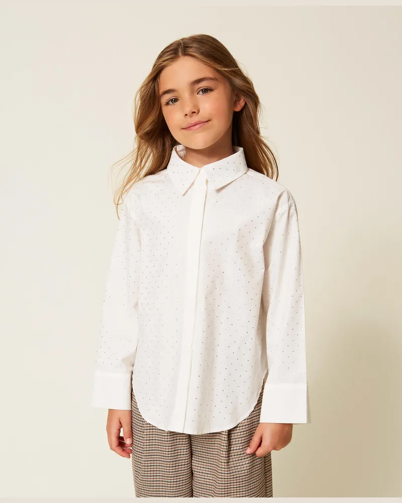 Twin-Set Hemden - Oversize-Popelinehemd mit Strass, Mattweiß, Größe Mattweiß