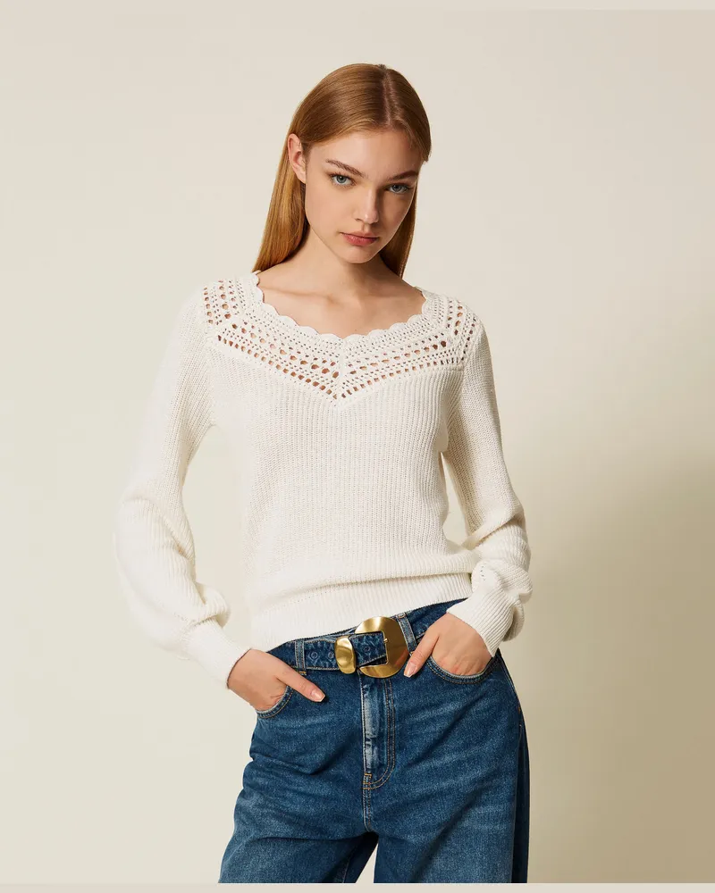 Twin-Set Pullover aus Wollmischung mit Häkelarbeit, „Parchment"-Beige, Wolle, Größe „parchment“-beige
