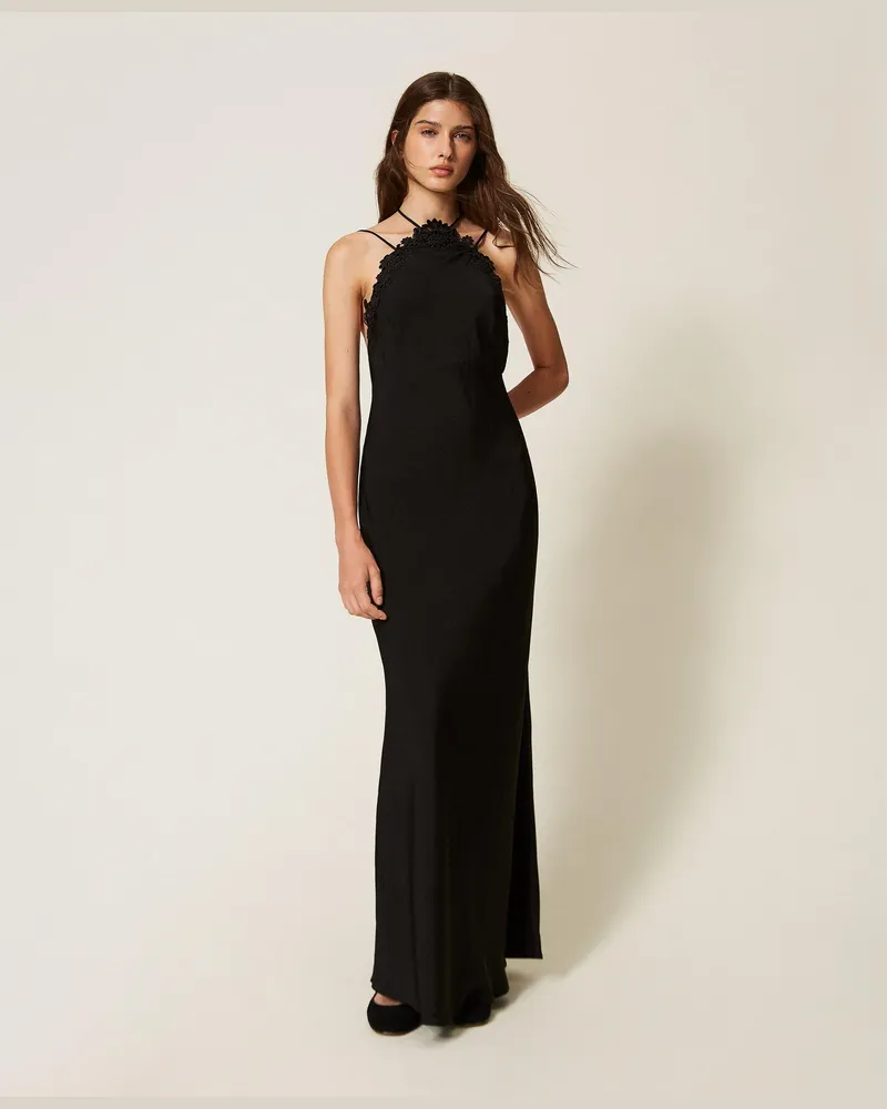 Twin-Set Maxikleid aus Satin mit Stickerei, Damen, Schwarz Schwarz