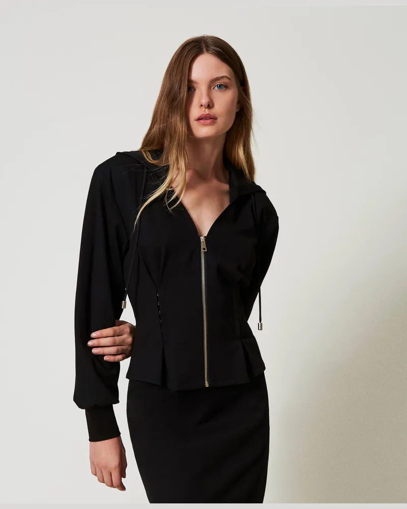 Actitude by Twinset Sweatshirts und -jacken - Figurbetonte Sweatjacke mit Zierhäkchen, Schwarz, Größe: XS 