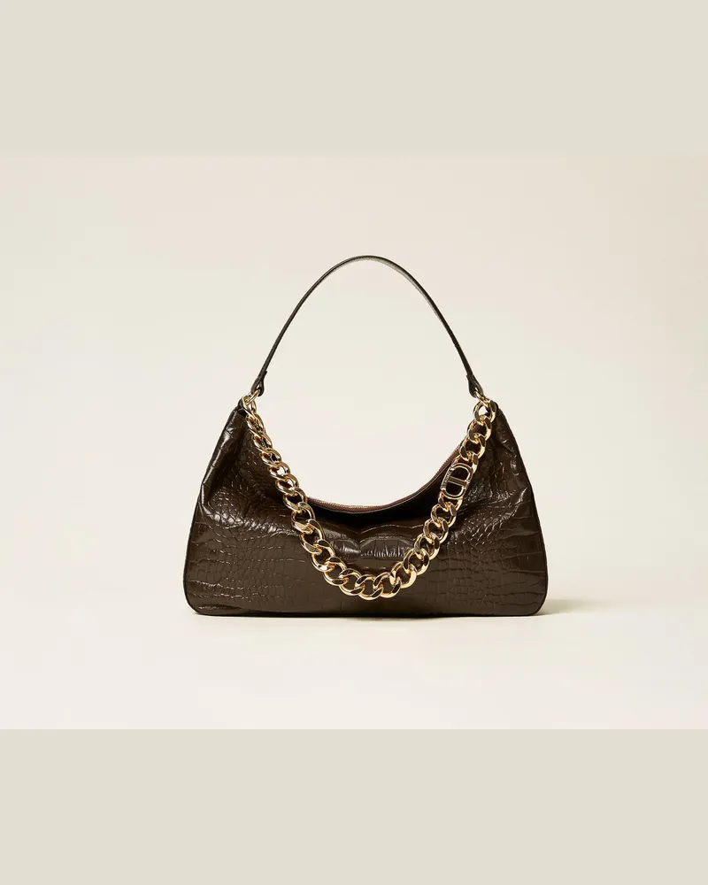 Twin-Set Taschen - Tasche „Liliane" aus Leder mit Krokoprägung, Black Chocolate, Einheitsgröße Black