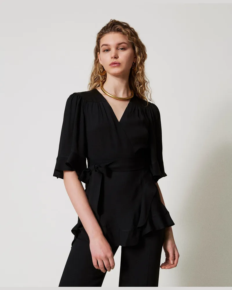 Twin-Set Blusen - Wickelbluse aus Satin, Schwarz, Größe Schwarz