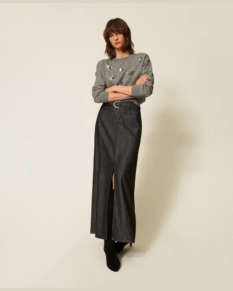 Twin-Set Fließender Maxi-Jeansrock, Damen, Denimschwarz Denimschwarz