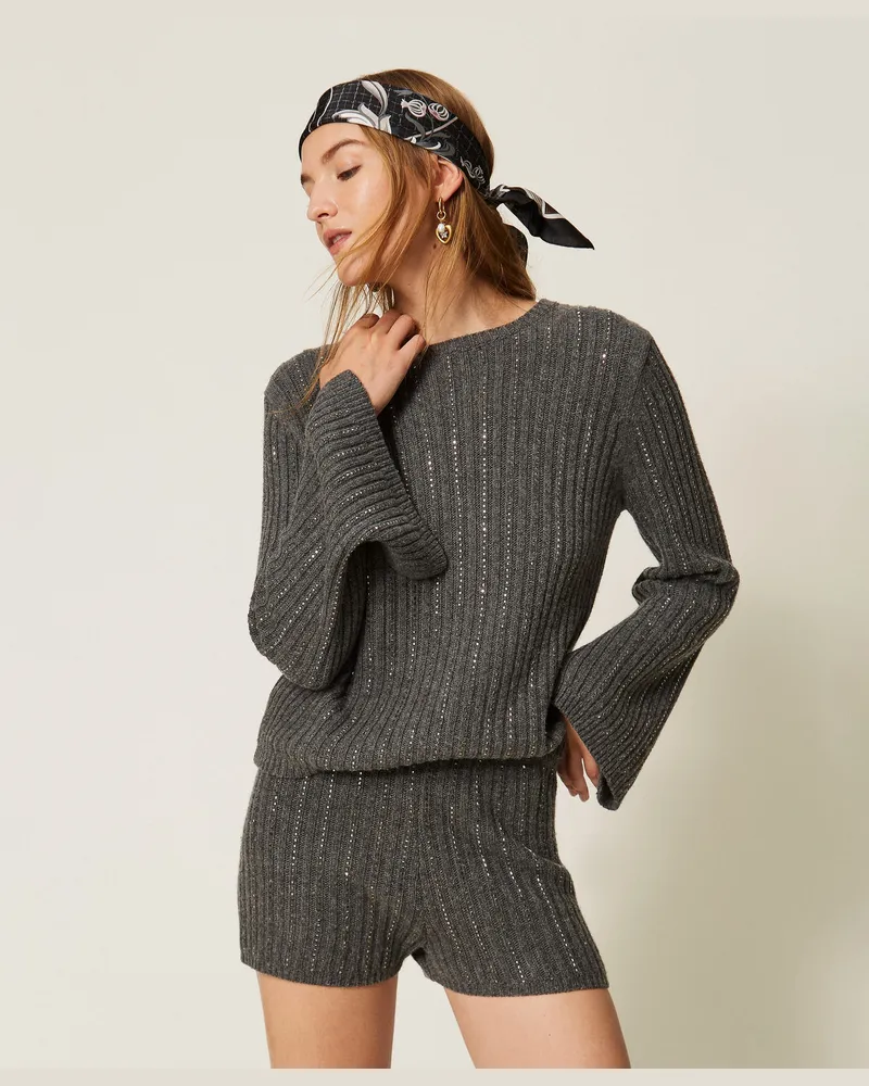 Twin-Set Pullover aus Wollmischung mit Strass Mittelgrau-melange
