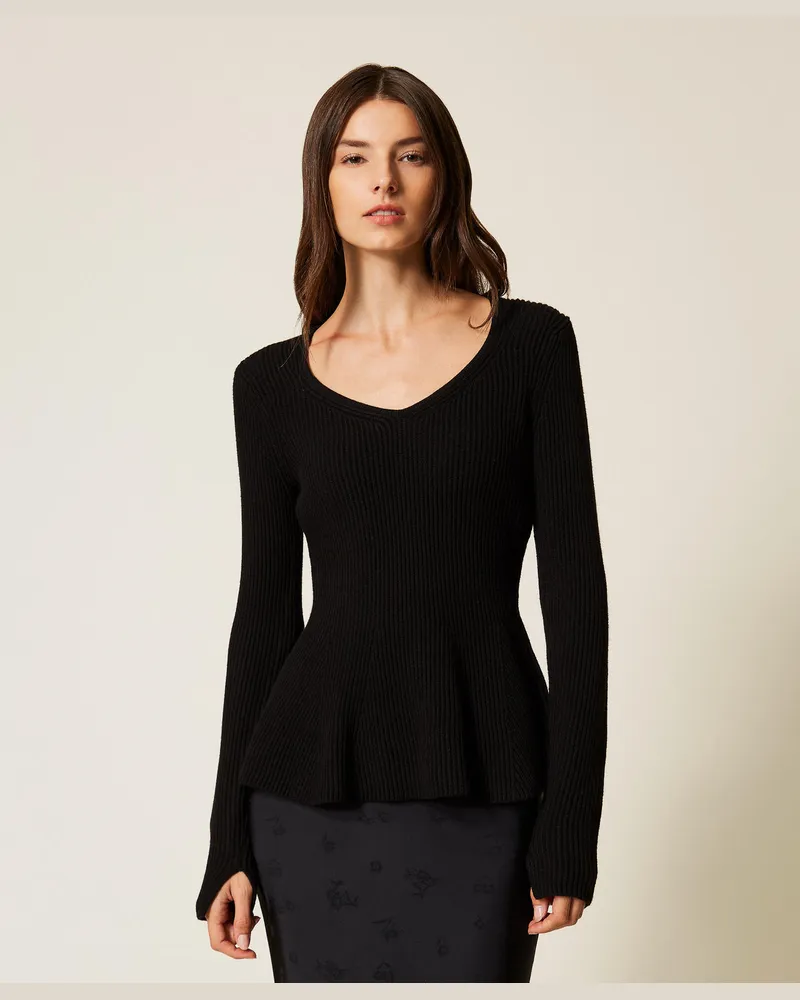 Twin-Set Figurbetonter Pullover mit Rippenmuster, Schwarz, Größe: XXL 