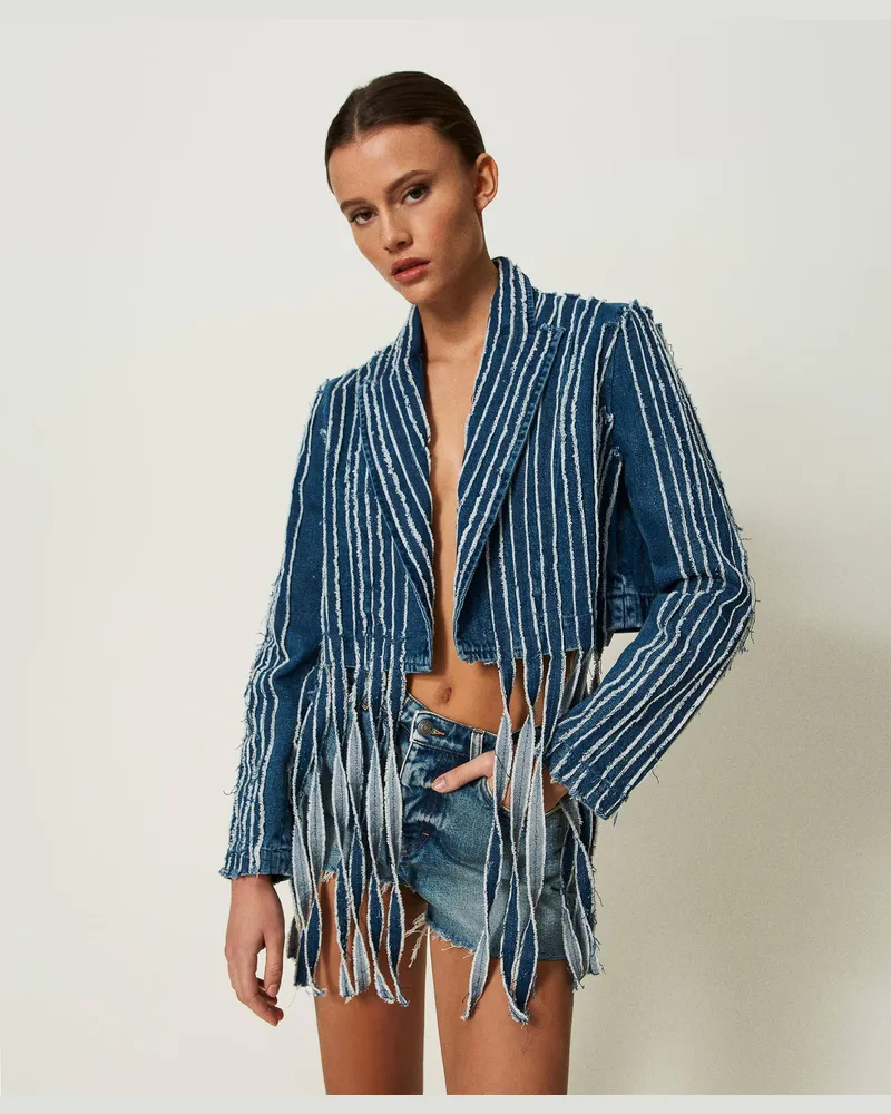 Actitude by Twinset Jacken und Outerwear - Jeansjacke mit Fransen, Denim Dunkel, Größe Denim