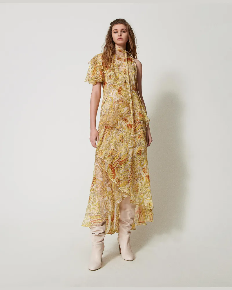 Twin-Set Kleider - Maxikleid „Salina" aus Krepon mit Print, Paisleymuster-Printmix Passionsfrucht, Seide, Größe Paisleymuster-printmix