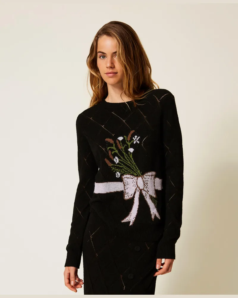 Twin-Set Pullover aus Treeblend-Garn mit Intarsie, Schwarz, Wolle, Größe: XS 