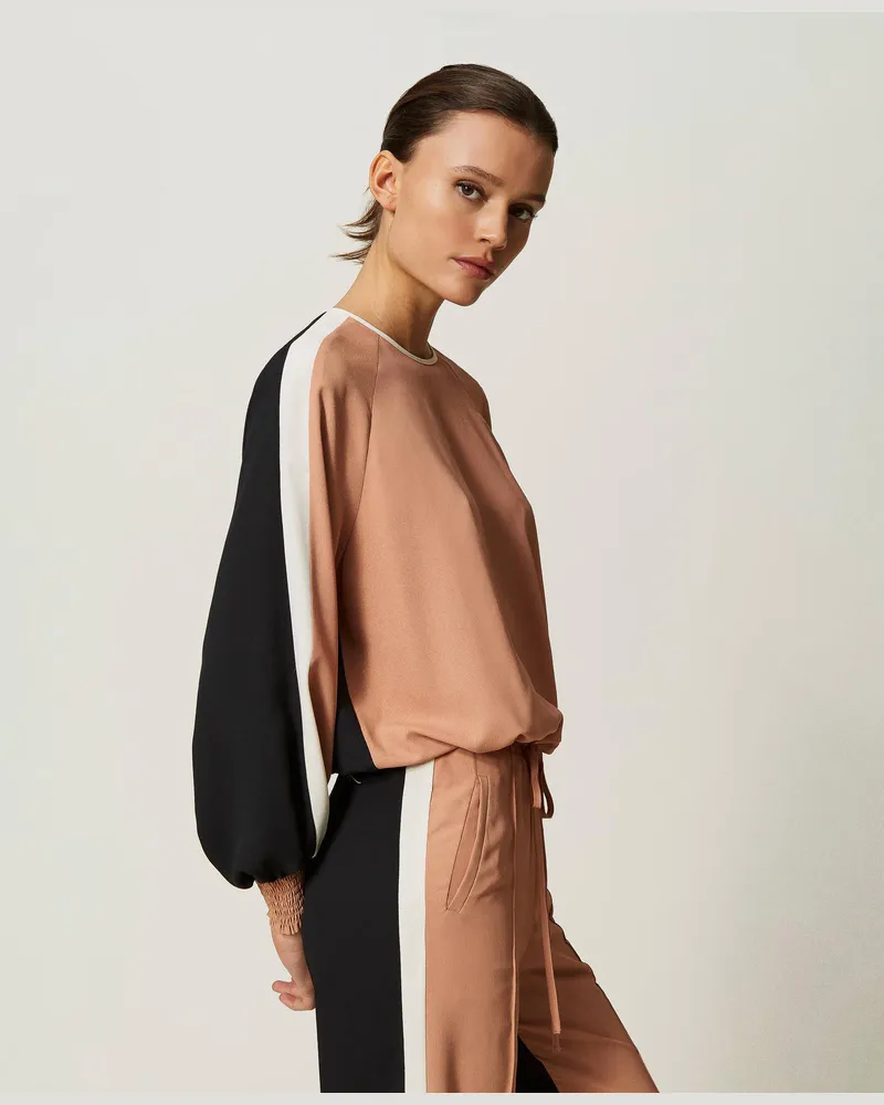 Actitude by Twinset Blusen - Bluse aus Crêpe de Chine mit recyceltem Polyester, Multicolor Schwarz / „Macaroon"-Braun / „Chantilly"-Weiß, Größe Multicolor