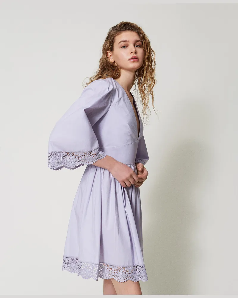 Twin-Set Kleider - Kurzes Kleid aus Popeline mit Spitze, Fliederblütenlila, Größe Fliederblütenlila