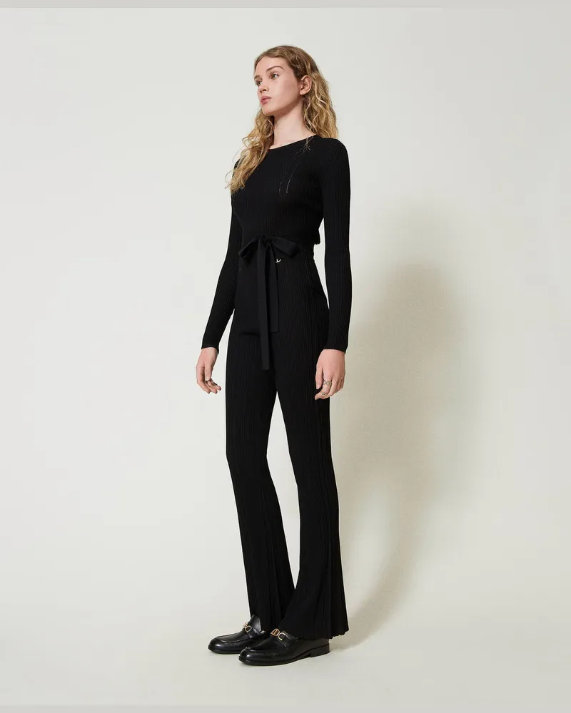 Twin-Set Hosen - Flare-Hose im Rippenstrick, Schwarz, Größe Schwarz