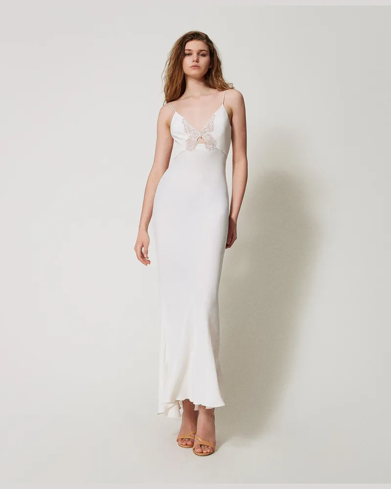 Twin-Set Kleider - Maxi-Slipdress mit Stickschmetterling, Perlmutt, Größe Perlmutt