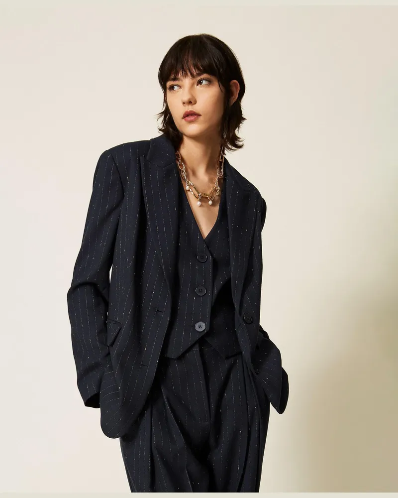 Twin-Set Nadelstreifenblazer, Damen, Blue Paint Pinstripe Blue