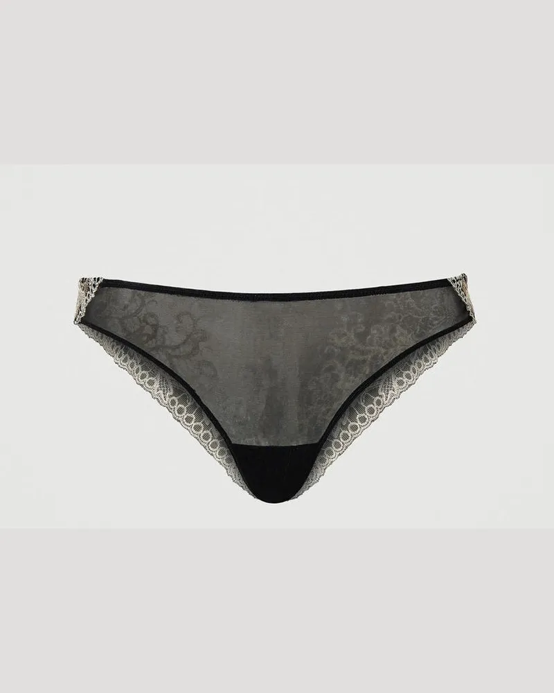 Twin-Set Unterwäsche - Brazilian-Slip aus besticktem Tüll, Zweifarbig Schwarz / „Champagne"-Beige, Größe: V 