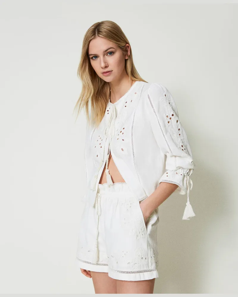 Twin-Set Hosen - Musselinshorts mit Stickereien, Weiß, Baumwolle, Größe Weiß