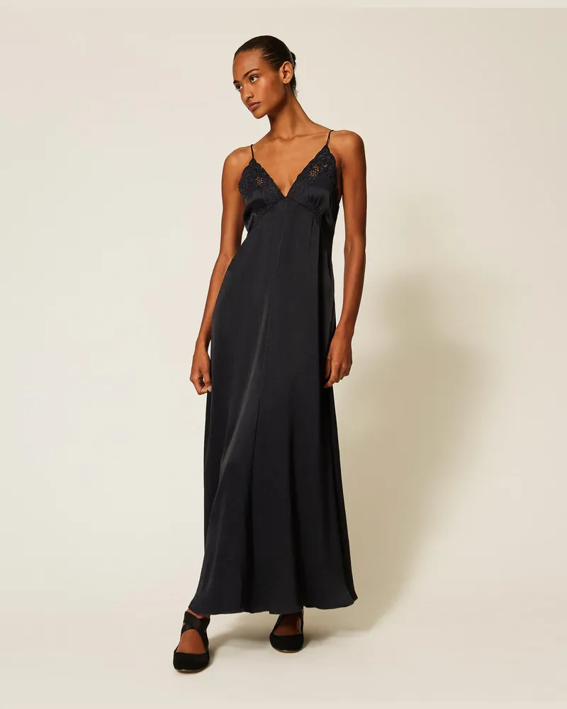 Twin-Set Langes Kleid aus Envers-Satin mit Stickerei Schwarz
