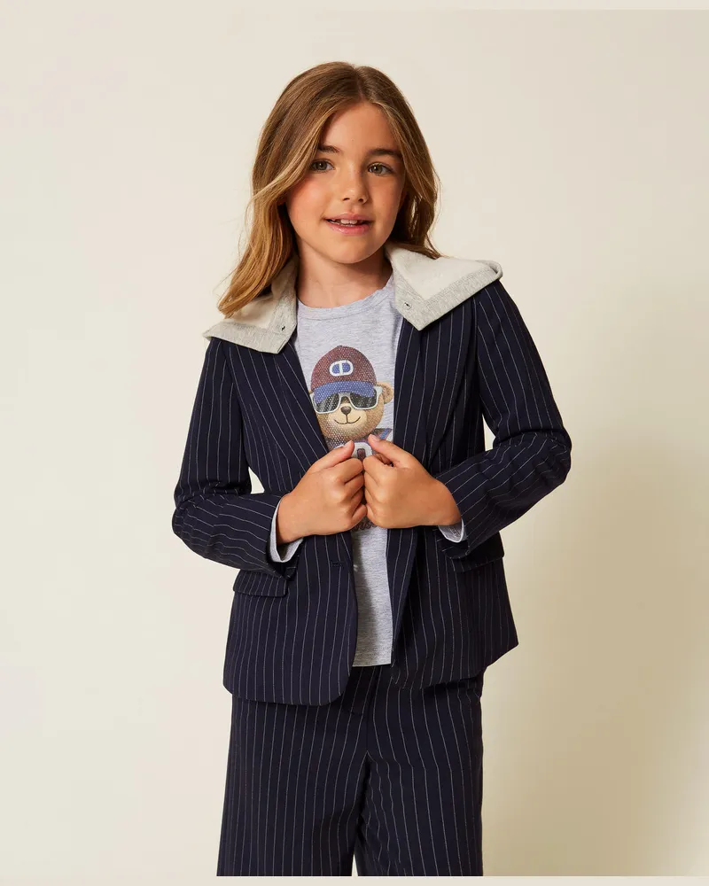 Twin-Set Jacken und Outerwear - Nadelstreifenblazer mit Kapuze, Classic Blue / Streifen Off White, Gestreift, Größe Classic