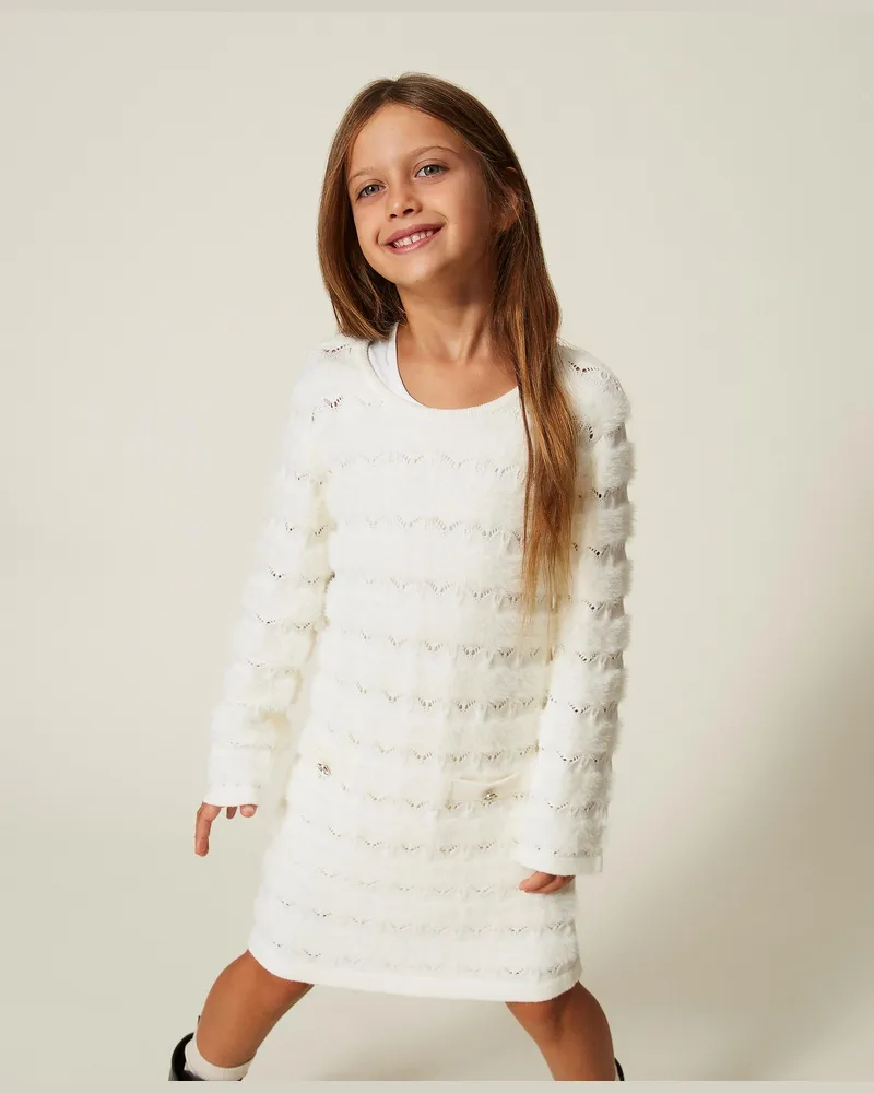Twin-Set Kurzes Baby-Strickkleid mit Knöpfen, Damen, Weiß Schnee Weiß