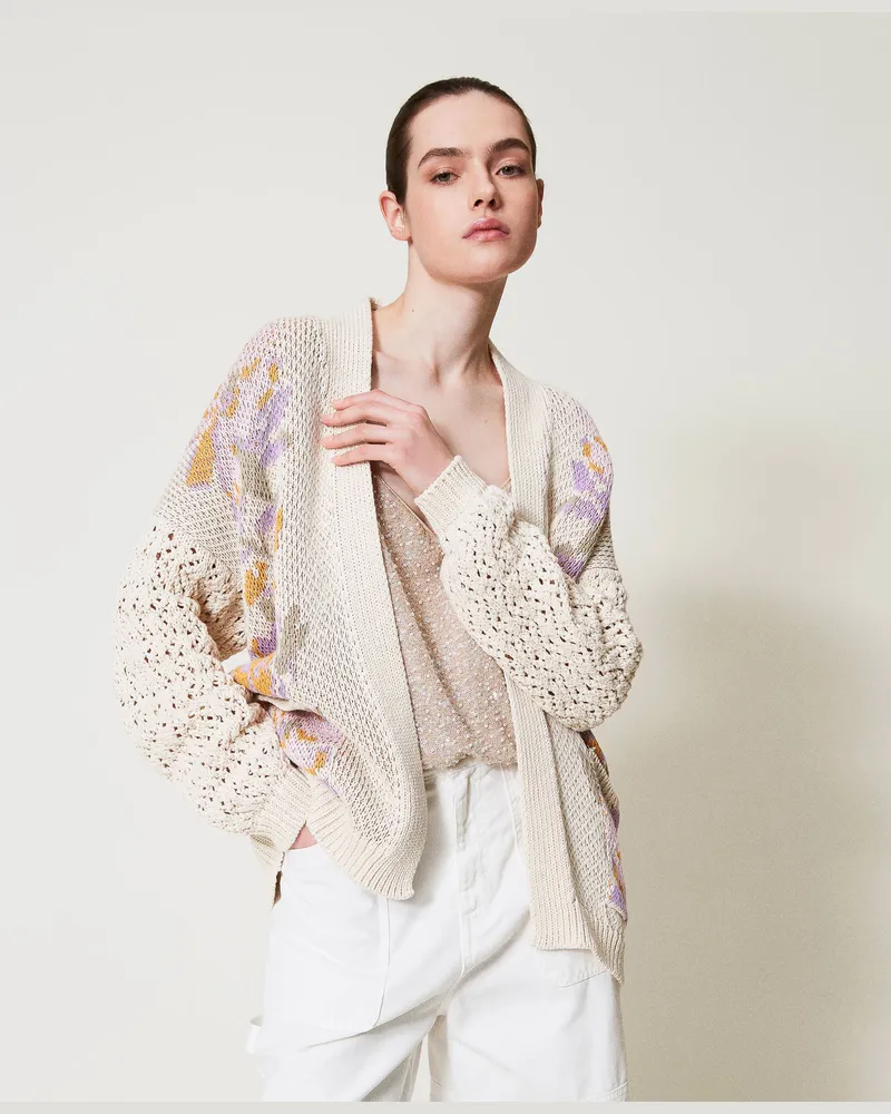 Twin-Set Cardigans - Cardigan aus Jacquard-Strick mit Blumendessin, Flowers-Jacquard, schneeweiß, Größe Flowers-jacquard