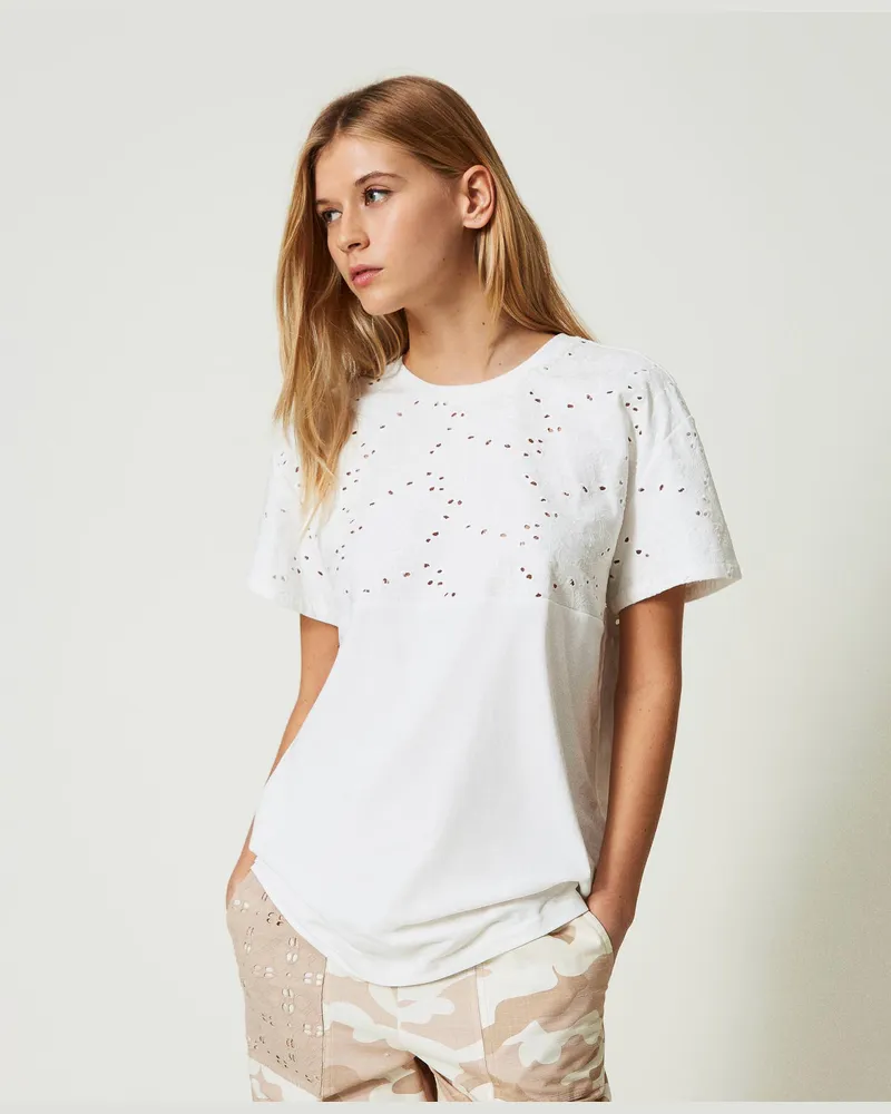 Twin-Set T-Shirts - Maxi-T-Shirt mit Lochstickereien, Mattweiß, Baumwolle, Größe: XS 