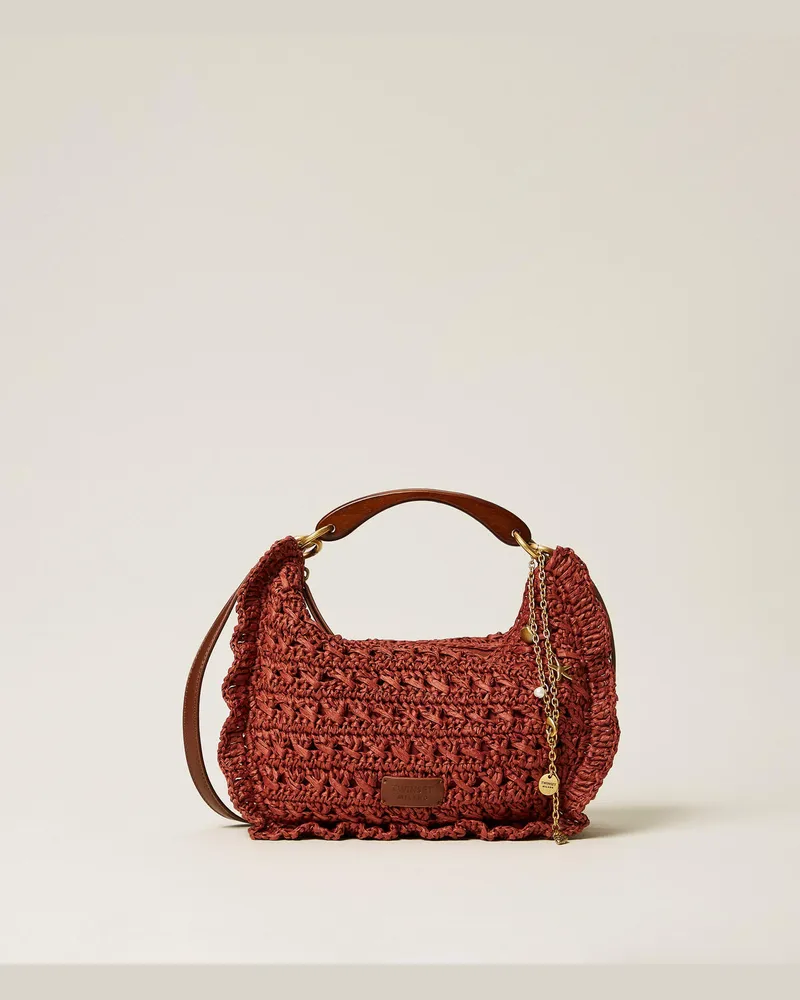 Twin-Set Tasche "Croissant" aus gehäkelter Raffia Henna