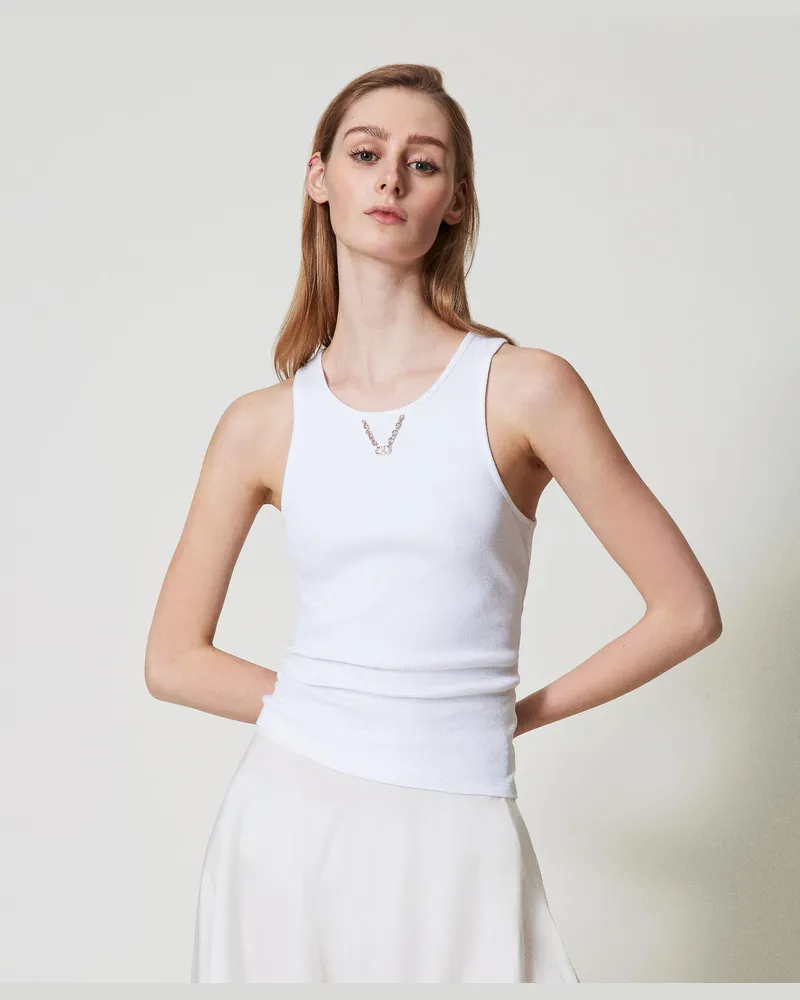 Twin-Set Tops - Geripptes Top mit Kettchen, Weiß, Baumwolle, Größe: XXS 