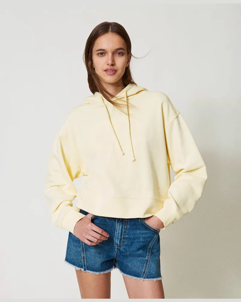 Twin-Set Sweatshirts und -jacken - Kurzes Sweatshirt mit floraler „Oval T"-Stickerei, Vanilla, Größe Vanilla