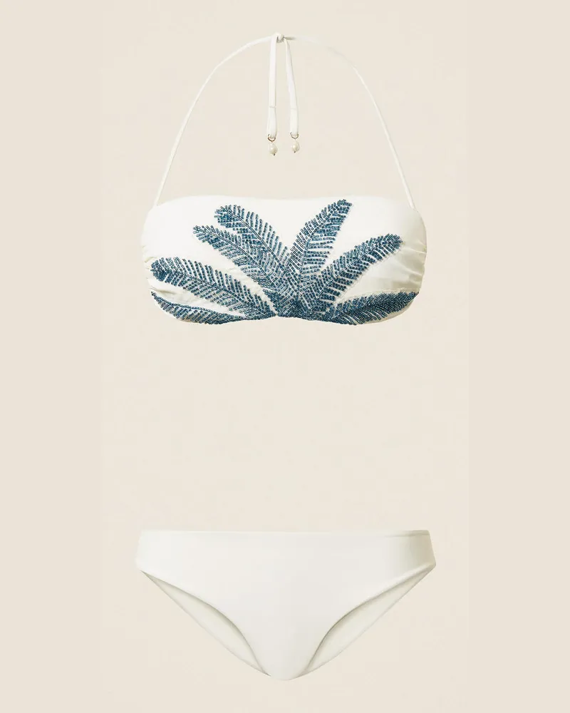 Twin-Set Bademode - Besticktes Bandeau-Bikinitop mit Brazilian-Bikinihose, Zweifarbig Off White/Mittelmeerblau, Größe Zweifarbig