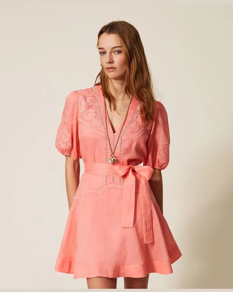 Twin-Set Kleider - Kurzes Kleid aus Ramie mit Stickerei, Salmon Rose, Größe Salmon