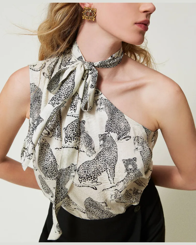 Twin-Set Tops - Einschultriges Jacquard-Top mit Jaguarprint, Jaguarprint Schwarz / Schneeweiß, Größe: 50 