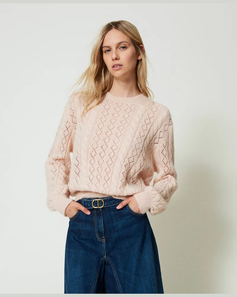 Twin-Set Pullover aus Mohairmischung mit Zöpfen und Cut-out, „Peach Pink"-Rosa, Größe: XXL 