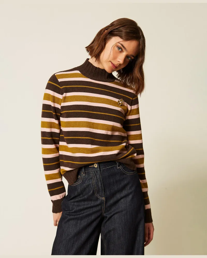 Twin-Set Pullover mit Rollkragen und Schmuckbrosche Streifen
