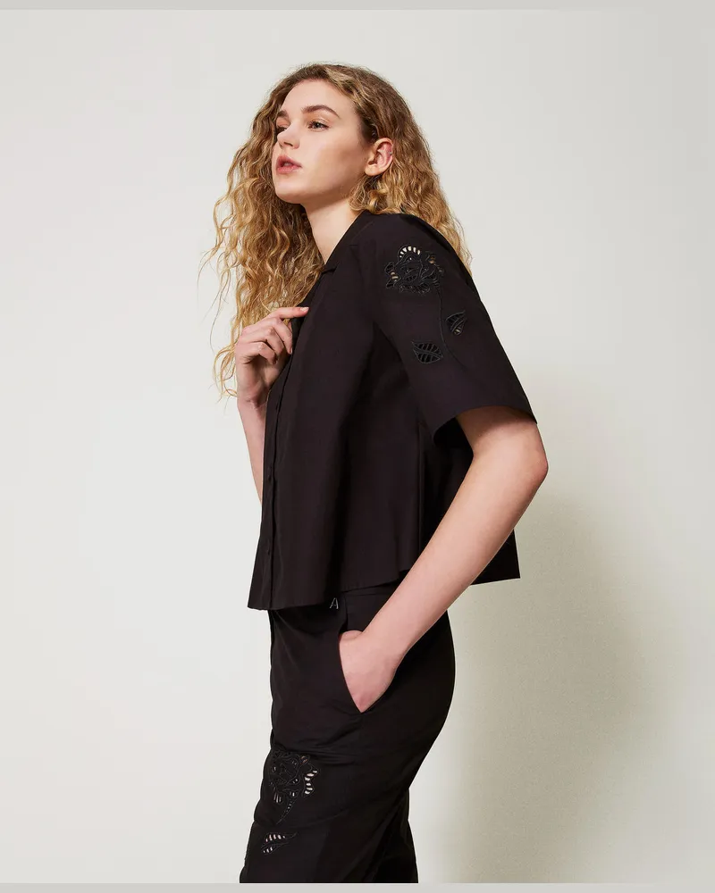 Twin-Set Hemden - Cropped-Hemd aus Popeline mit Stickerei, Schwarz, Baumwolle, Größe Schwarz