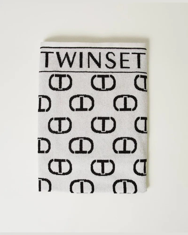 Twin-Set Bademode - Strandtuch mit „Oval T"-Logo, Zweifarbig Perlmutt / Schwarz, Einheitsgröße 