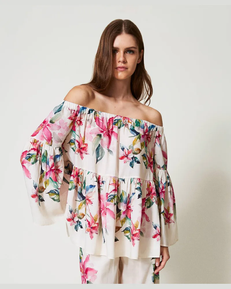 Twin-Set Bademode - Bluse aus Leinenmischung mit Blumenprint, Blumenprint Perlmutt / Multicolor, gestreift, Größe: M 