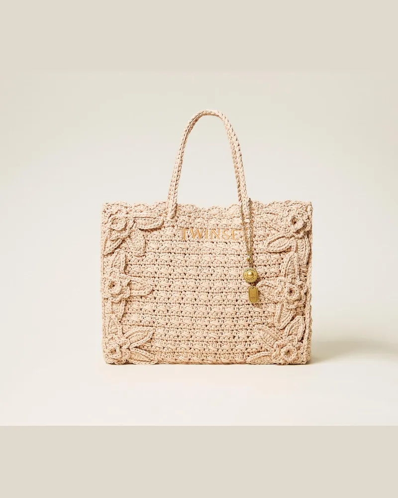 Twin-Set Taschen - Shopper im Häkel-Dessin mit Charms, „Delicate Sand"-Beige, Einheitsgröße „delicate