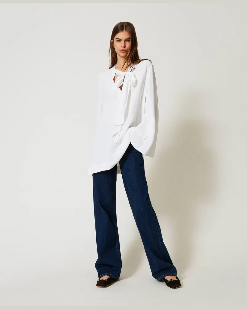 Twin-Set Blusen - Bluse aus Crêpe de Chine mit Schleife, Weiß Schnee, Größe Weiß