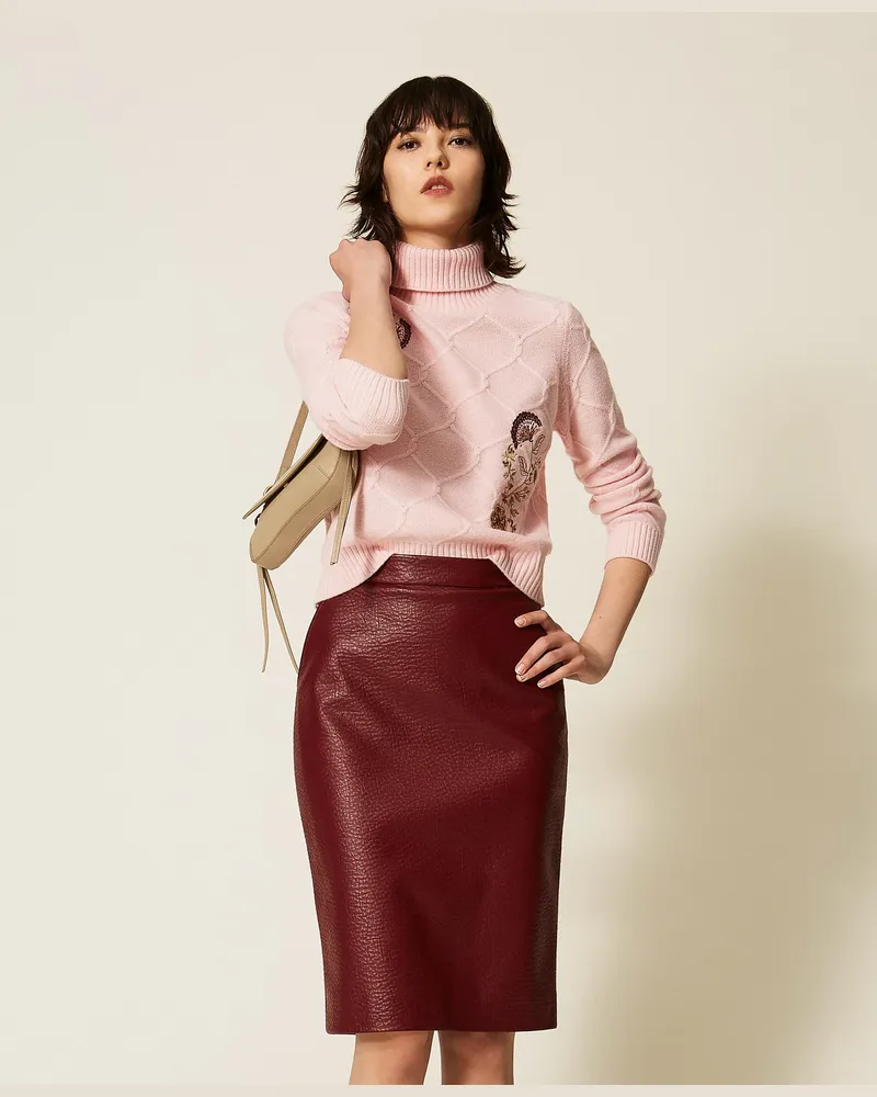 Twin-Set Rollkragenpullover aus Wolle mit floralem Stickmotiv, Damen, Rose Smoke Rose