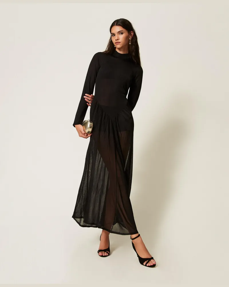 Twin-Set Langes Strickkleid mit Raffung, Damen, Schwarz Schwarz