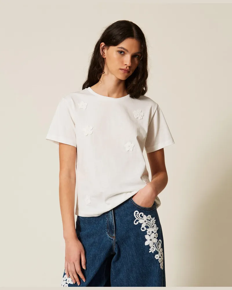 Twin-Set T-Shirts - Figurbetontes T-Shirt mit Häkelblumen, Mattweiß, Baumwolle, Größe Mattweiß