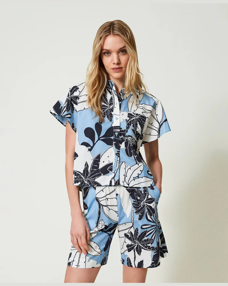 Twin-Set Bademode - Shorts aus bedrucktem Popeline, Print Exotic Kornblume, Mit Blumen, Größe: M 