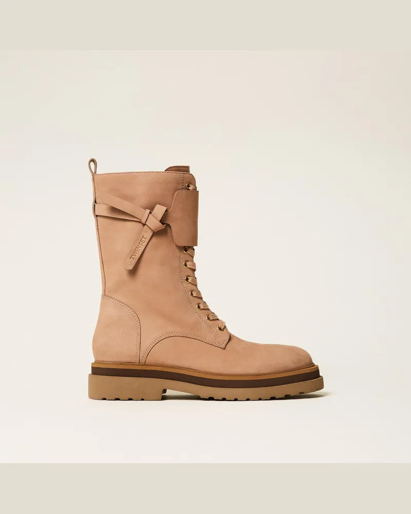 Twin-Set Schnürstiefelette aus Leder mit Einsatz Nougat