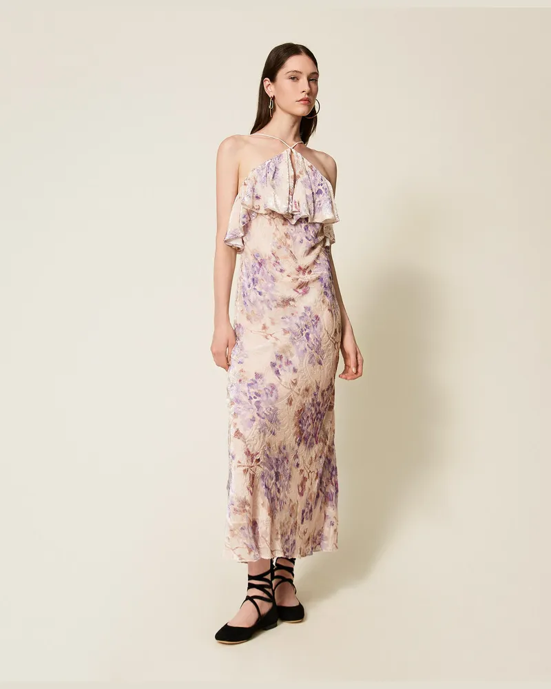 Twin-Set Kleider - Samtkleid aus Seidenmischung mit floralem Dessin, Blumenprint Schneeweiß/ Lila, Mit Blumen, Größe Blumenprint