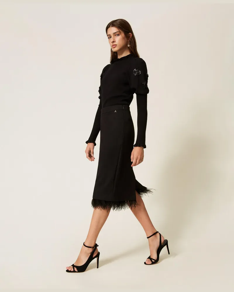 Twin-Set Midirock mit Federn, Damen, Schwarz Schwarz