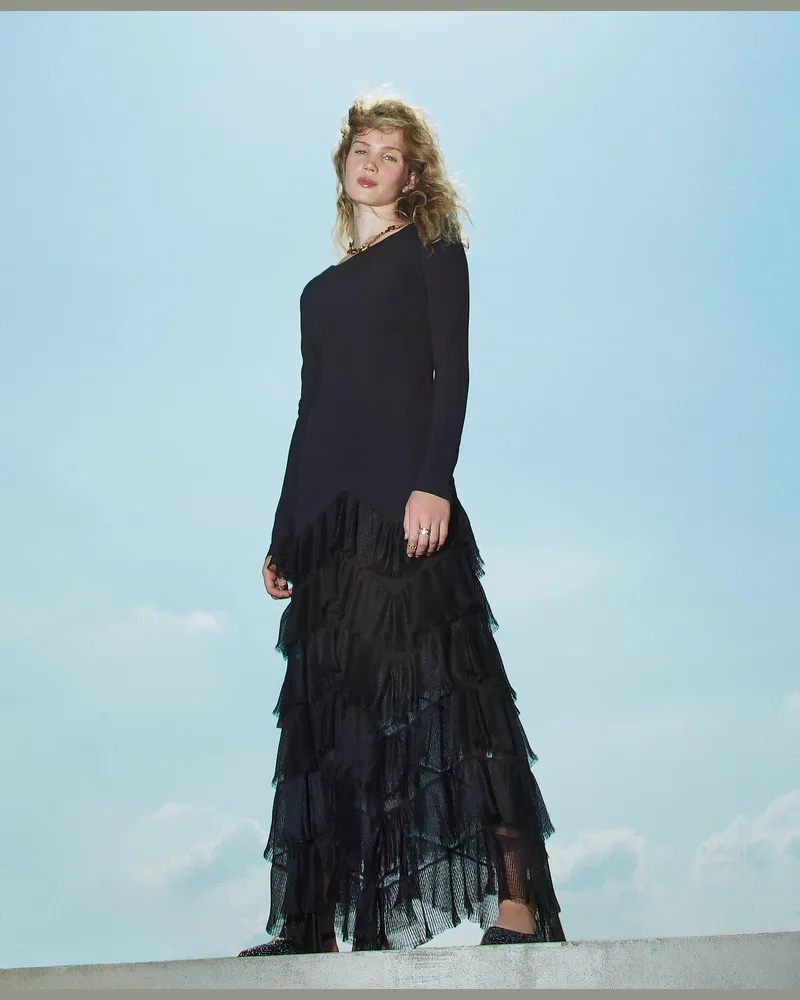 Twin-Set Kleider - Maxikleid mit plissierten Tüllvolants, Schwarz, Größe Schwarz