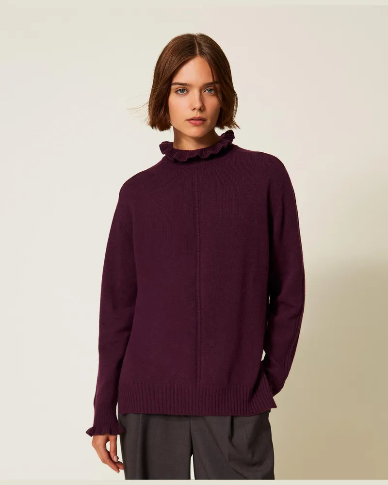 Twin-Set Pullover aus Wollmischung mit Volant, Purple Eden, Wolle, Größe Purple