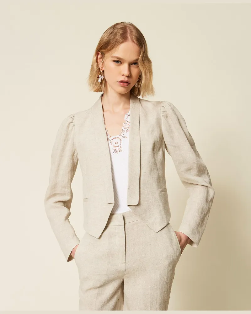 Twin-Set Jacken und Outerwear - Cropped-Jacke aus Leinen mit Lurex, Natural Bright Linen, Größe Natural